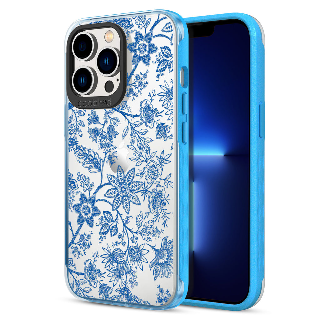 Back View Of Eco-Friendly Blue iPhone 12 & 13 Pro Max Timeless Laguna Case With Flower Crown Design & Front View Of Screen