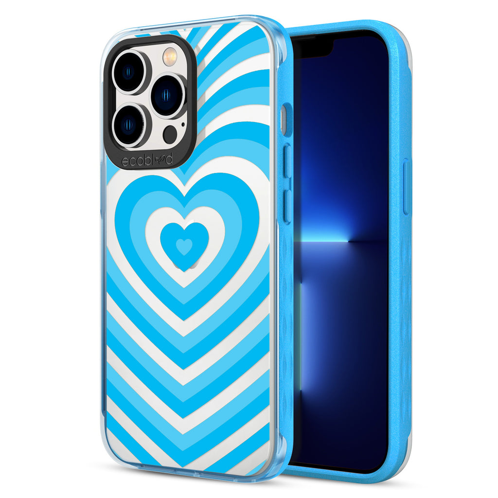 Back View Of Blue Eco-Friendly iPhone 13 Pro Clear Case With The Tunnel Of Love Design & Front View Of Screen