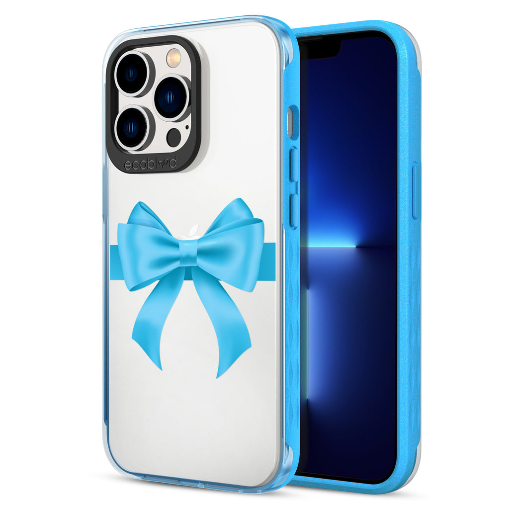 Back View Of Compostable Blue iPhone 13 Pro Winter Laguna Case With That's A Wrap Design & Front View Of The Screen