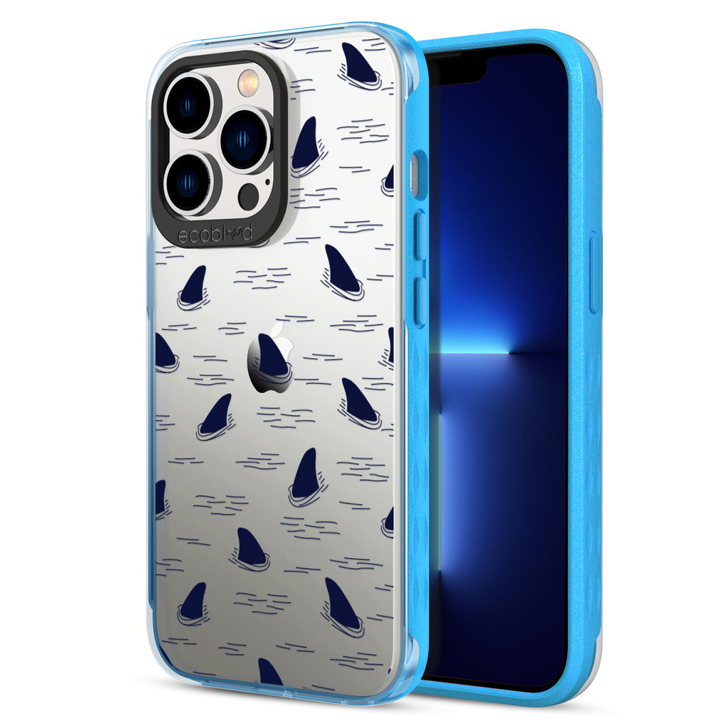 Back View Of Blue iPhone 13 Pro Laguna Case With The Shark Fin Design On A Clear Back And Frontal View Of The Screen