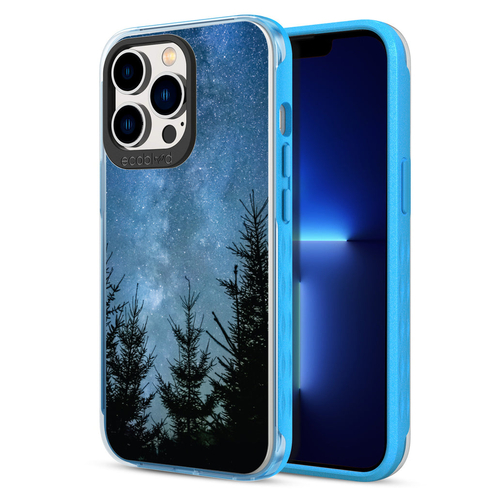 Back View Of Blue Eco-Friendly iPhone 13 Pro Clear Case With The Stargazing Design & Front View Of Screen