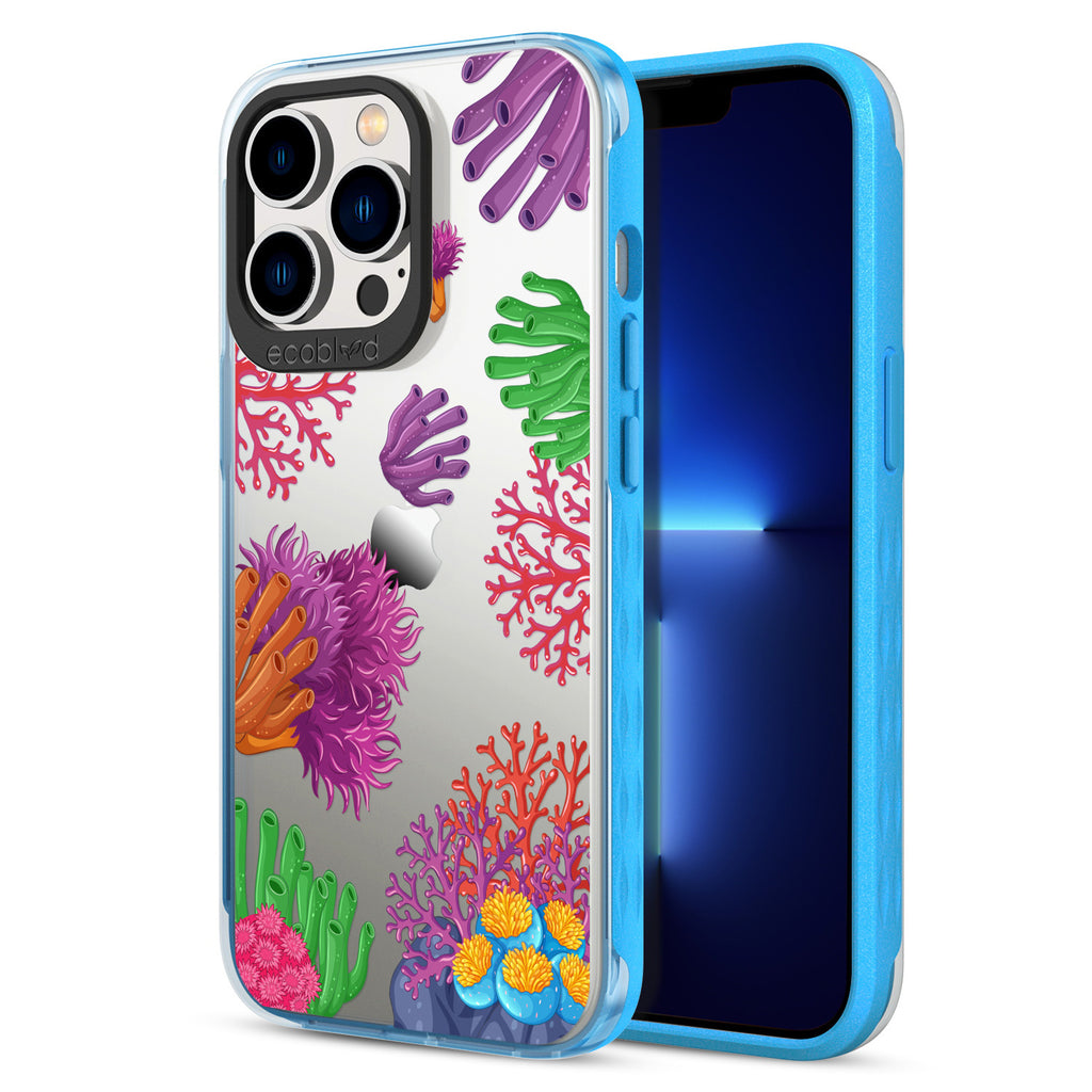 Back View Of Blue Compostable iPhone 13 Pro Laguna Case With The Coral Reef Design & Front View Of The Screen