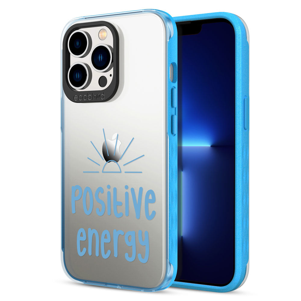 Back View Of Blue iPhone 13 Pro Laguna Case With The Positive Energy Design On A Clear Back And Frontal View Of The Screen