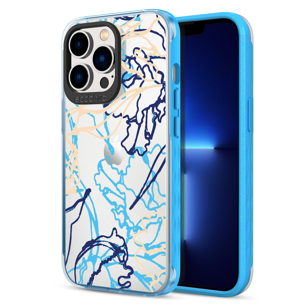 Back View Of Blue Eco-Friendly iPhone 12/13 Pro Max Clear Case With Outside The Lines Design & Front View Of Screen