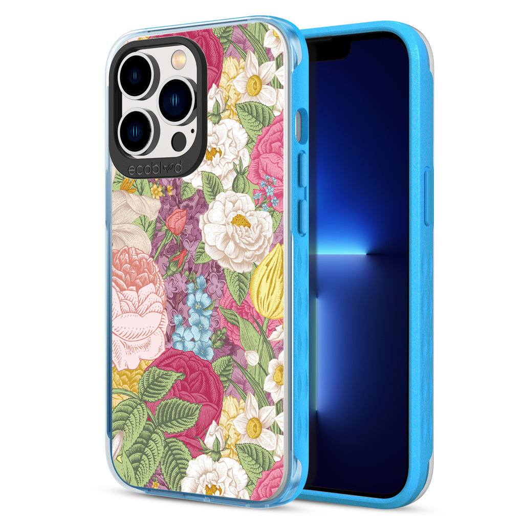 Back View Of Eco-Friendly Blue Phone 13 Pro Timeless Laguna Case With The In Bloom Design & Front View Of The Screen