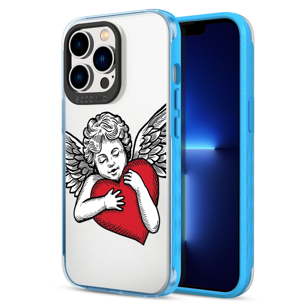 Back View Of Blue Eco-Friendly iPhone 12 & 13 Pro Max Clear Case With The Cupid Design & Front View Of Screen