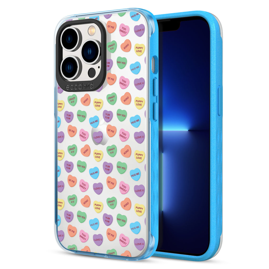 Back View Of Blue Eco-Friendly iPhone 13 Pro Clear Case With The Sweethearts Design & Front View Of Screen