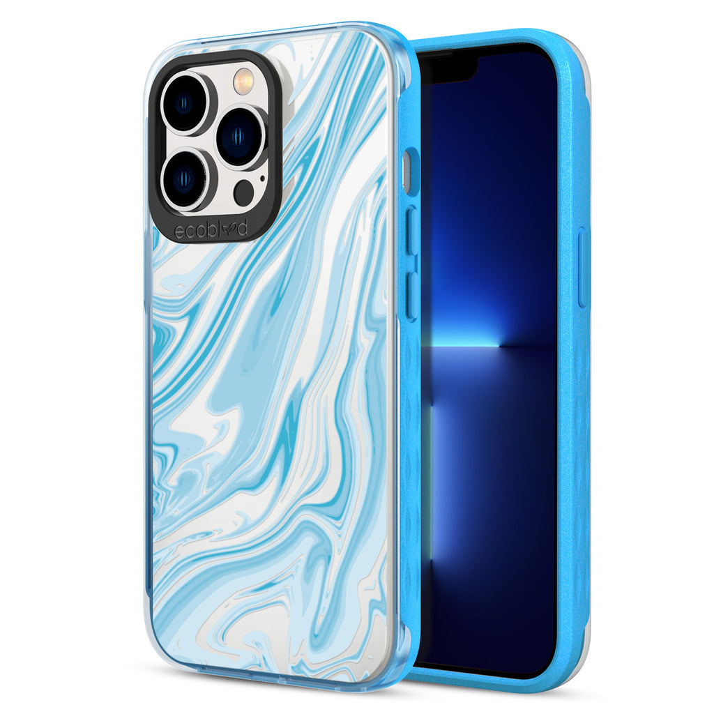 Back View Of Blue iPhone 12 & 13 Pro Max Timeless Laguna Case With The Simply Marbleous Design & Front View Of The Screen