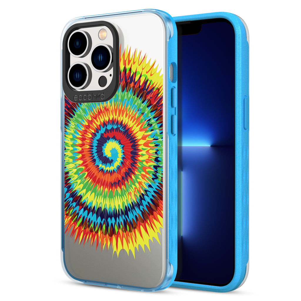 Back View Of Blue iPhone 13 Pro Laguna Case With The Tie-Dye Design On A Clear Back And Frontal View Of The Screen