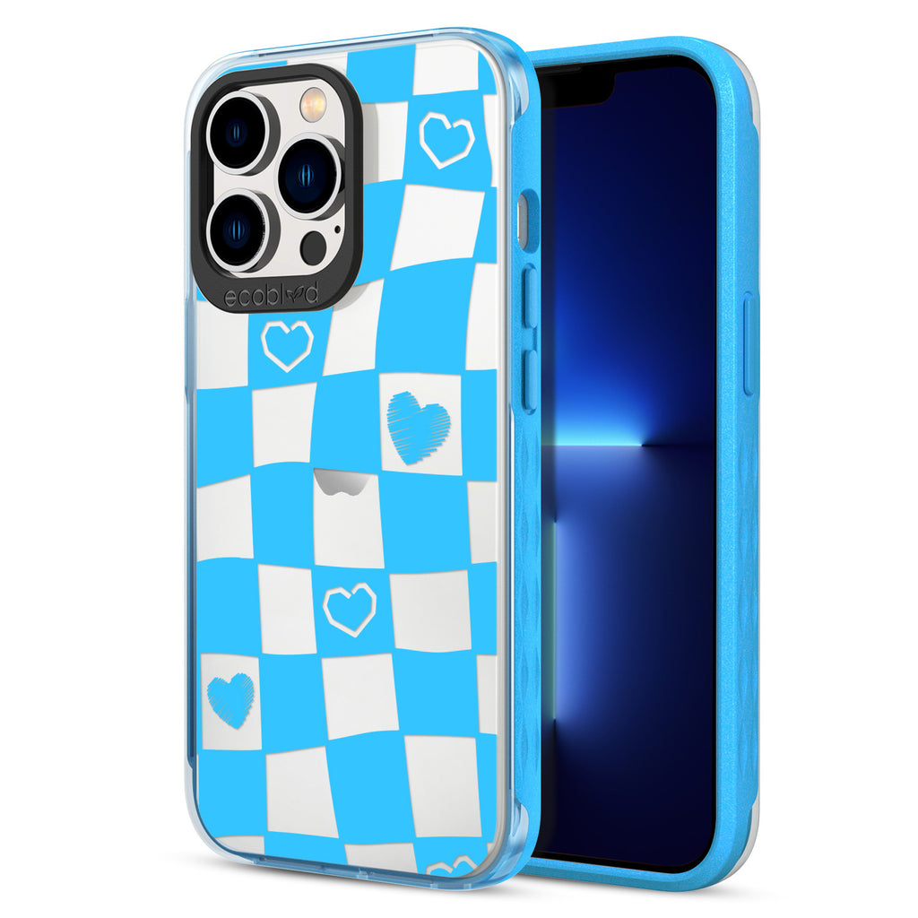 Back View Of Blue Eco-Friendly iPhone 12/13 Pro Max Clear Case With Reality Check Design & Front View Of Screen