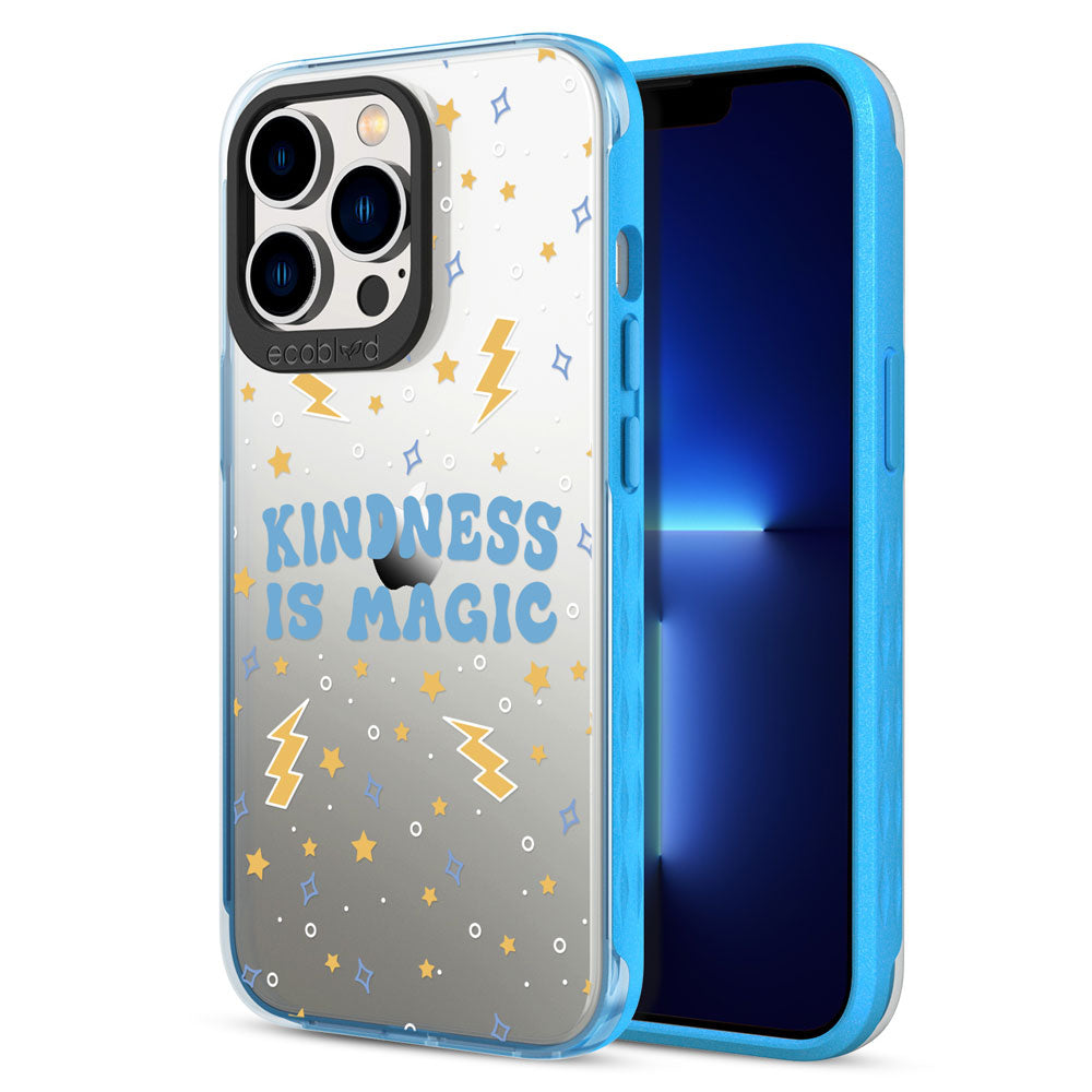 Back View Of Blue Eco-Friendly iPhone 12 & 13 Pro Laguna Case With Kindness Is Magic Design & Front View Of Screen