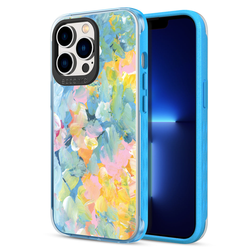 Back View Of Blue Eco-Friendly iPhone 13 Pro Clear Case With Spring Feeling Design & Front View Of Screen