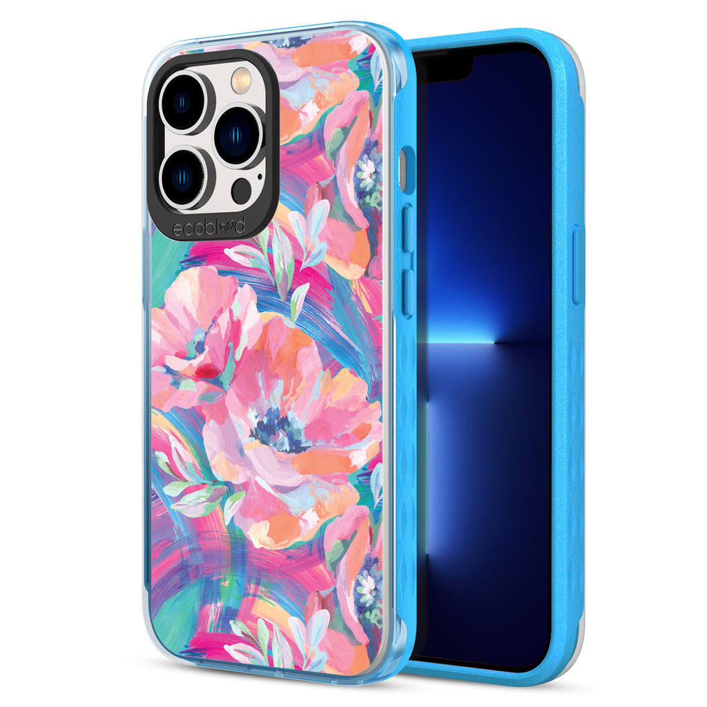 Back View Of Blue Eco-Friendly iPhone 13 Pro Clear Case With Pastel Poppy Design & Front View Of Screen