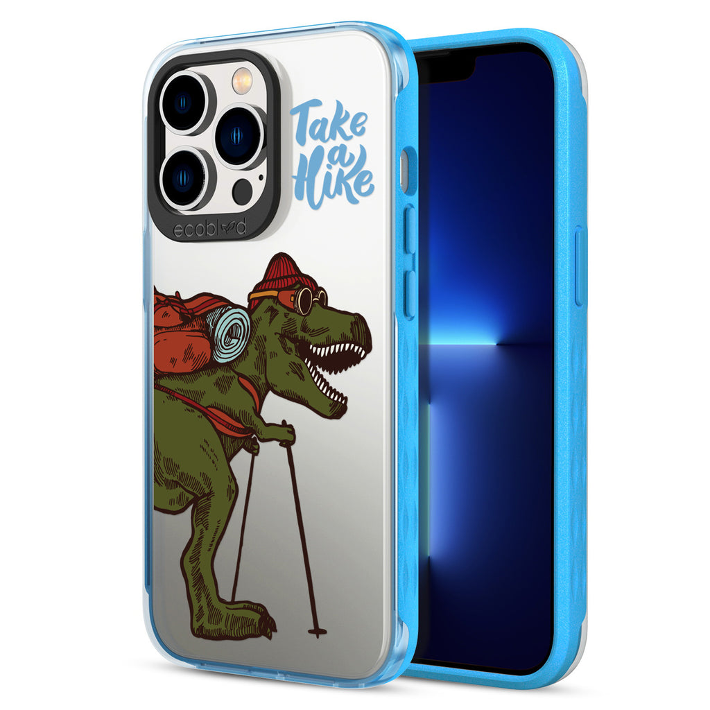 Back View Of Blue iPhone 13 Pro Laguna Case With The Take A Hike Design On A Clear Back And Frontal View Of The Screen