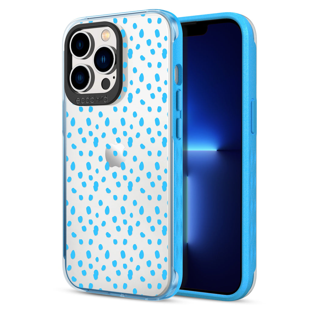 Back View Of Eco-Friendly Blue iPhone 13 Pro Timeless Laguna Case With On The Dot Design & Front View Of Screen