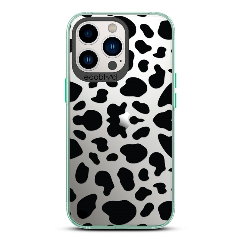 Laguna Collection - Green Eco-Friendly iPhone 13 Pro Max / 12 Pro Max Case With Black Spots Cow Print On A Clear Back 