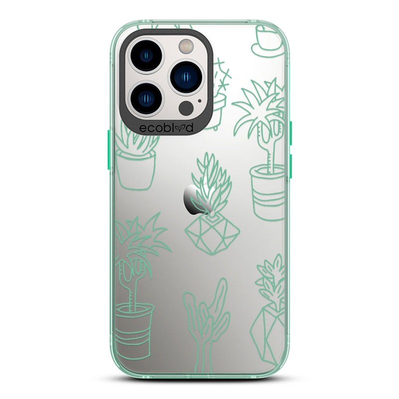 Laguna Collection - Green iPhone 13 Pro Max / 12 Pro Max Case With Line Art Succulent Garden Print On A Clear Back 