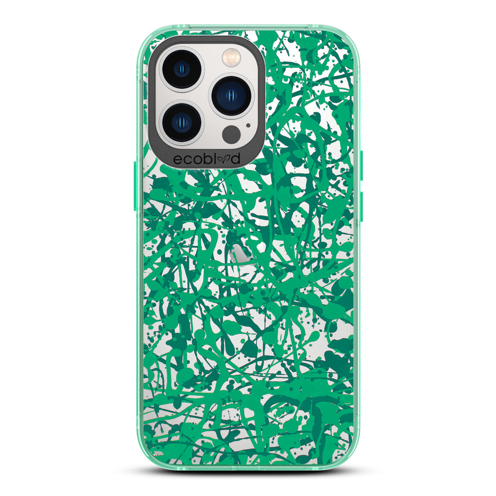 Contemporary Collection - Green Compostable iPhone 12/13 Pro Max Case - Abstract Pollock-Style Painting On A Clear Back