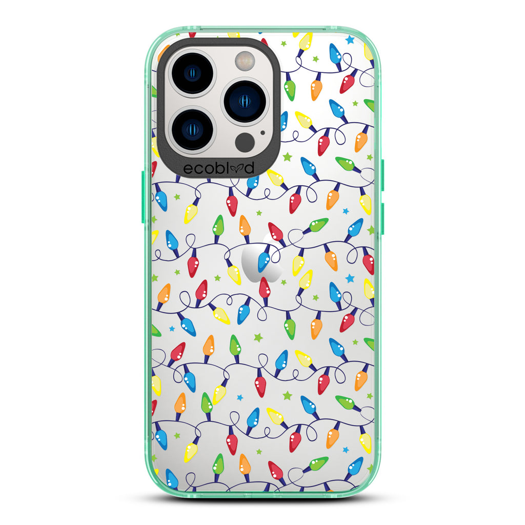 Winter Collection - Green Compostable Laguna iPhone 13 Pro Case With Colorful Christmas Lights & Stars On A Clear Back