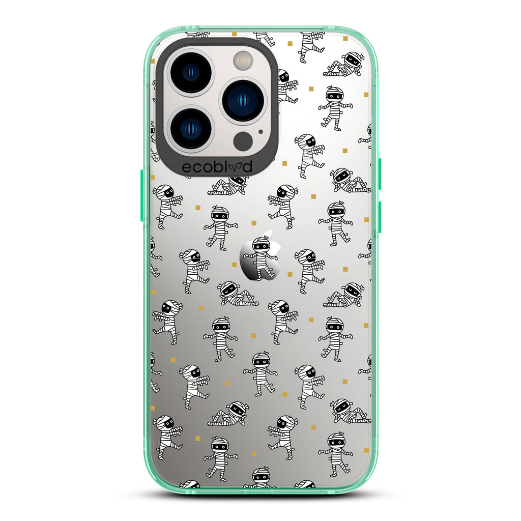 Halloween Collection - Green Laguna iPhone 12 & 13 Pro Max Case With Multiple Cartoon Mummies Walking & Laying On A Clear Back