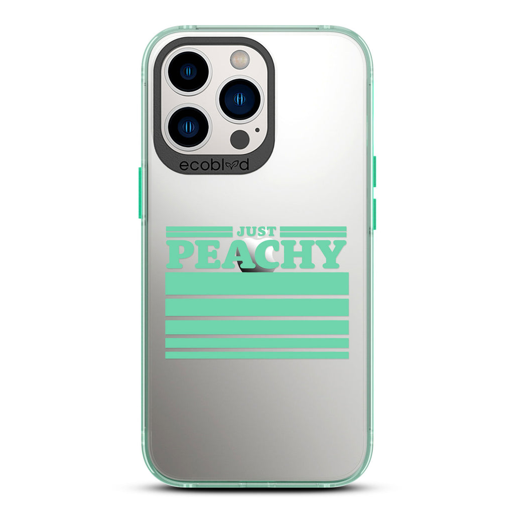 Laguna Collection - Green Compostable iPhone 13 Pro Case With Just Peachy & Gradient Stripes On A Clear Back