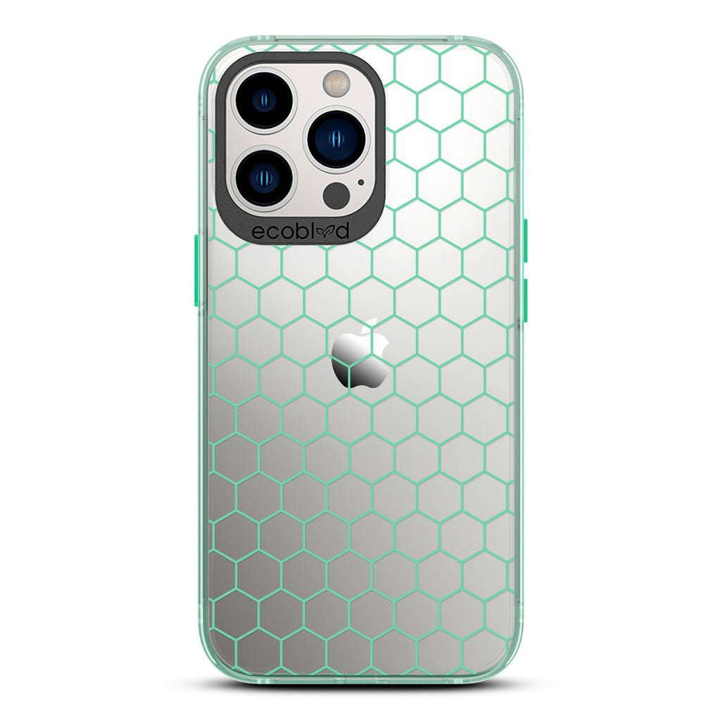 Laguna Collection - Green Eco-Friendly iPhone 12 & 13 Pro Max Case With A Geometric Honeycomb Pattern On A Clear Back