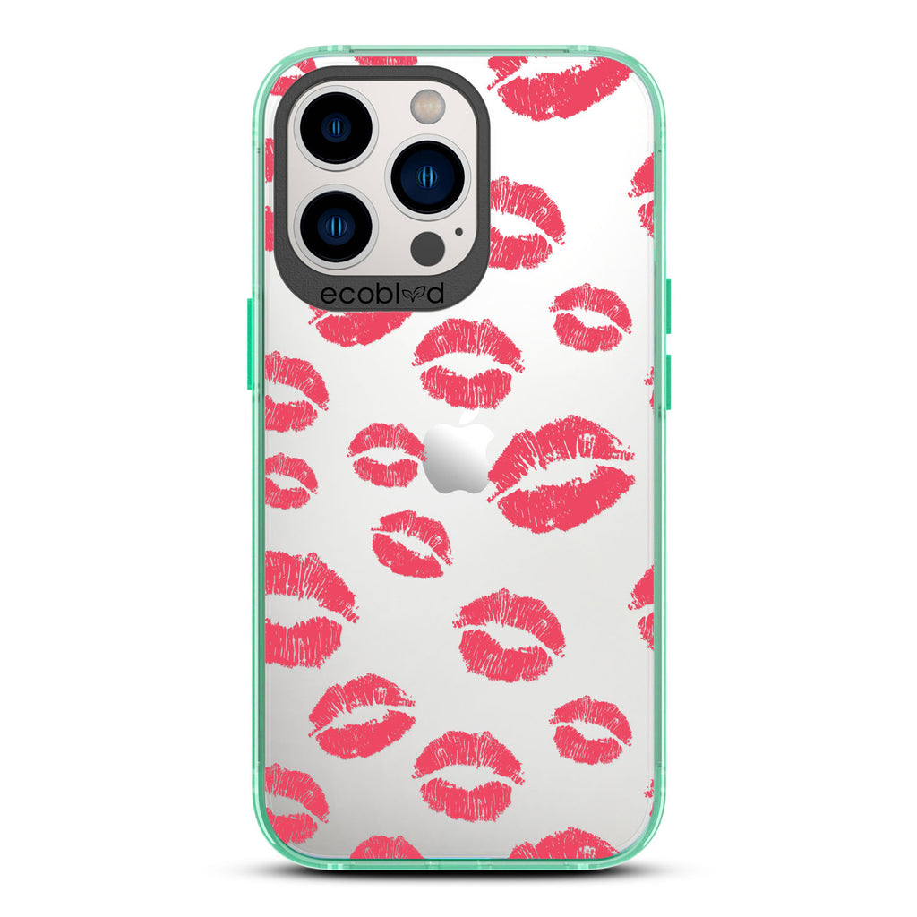Bisou - Green Compostable iPhone 12 & 13 Pro Max Case - Multiple Red Lipstick Kisses On A Clear Back