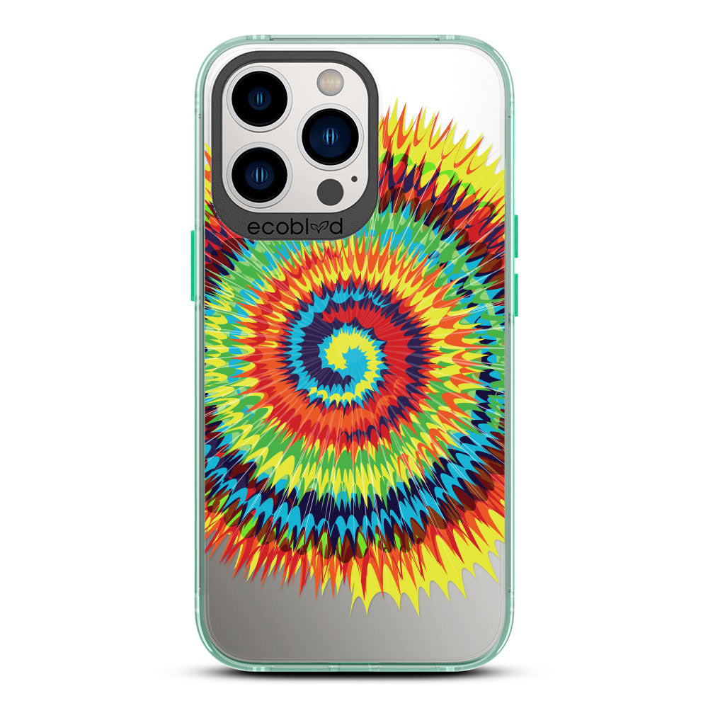 Laguna Collection - Green iPhone 13 Pro Case With A Retro Rainbow Tie Dye Print On A Clear Back - 6FT Drop Protection