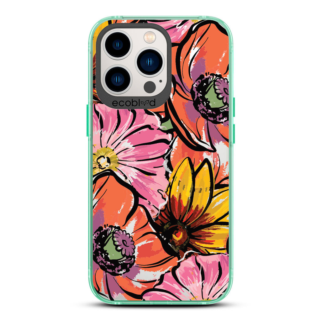 Spring Collection - Green Compostable iPhone 12/13 Pro Max Case - Watercolor Spring Flowers Painting On A Clear Back