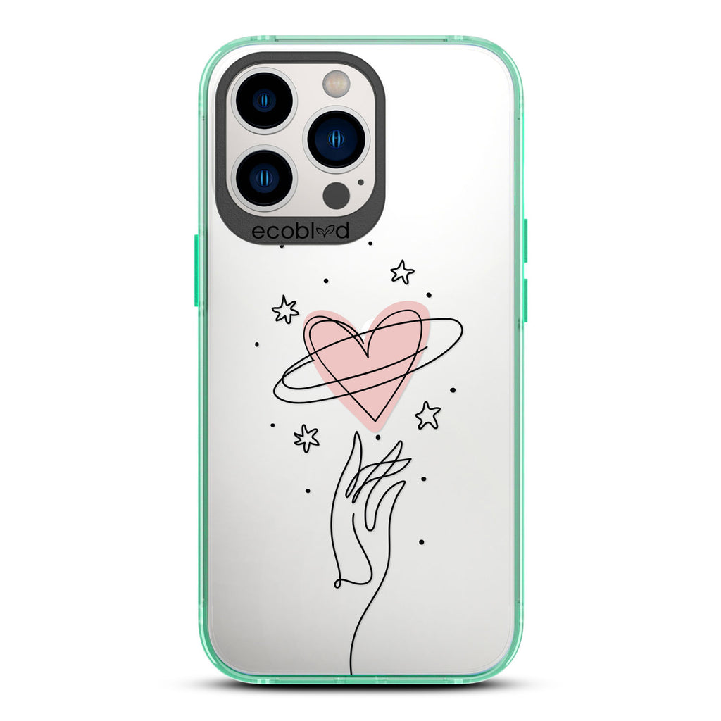 Love Collection - Green Compostable iPhone 13 Pro Case - Line Art Hand Reaching Out For Pink Heart, Stars On Clear Back