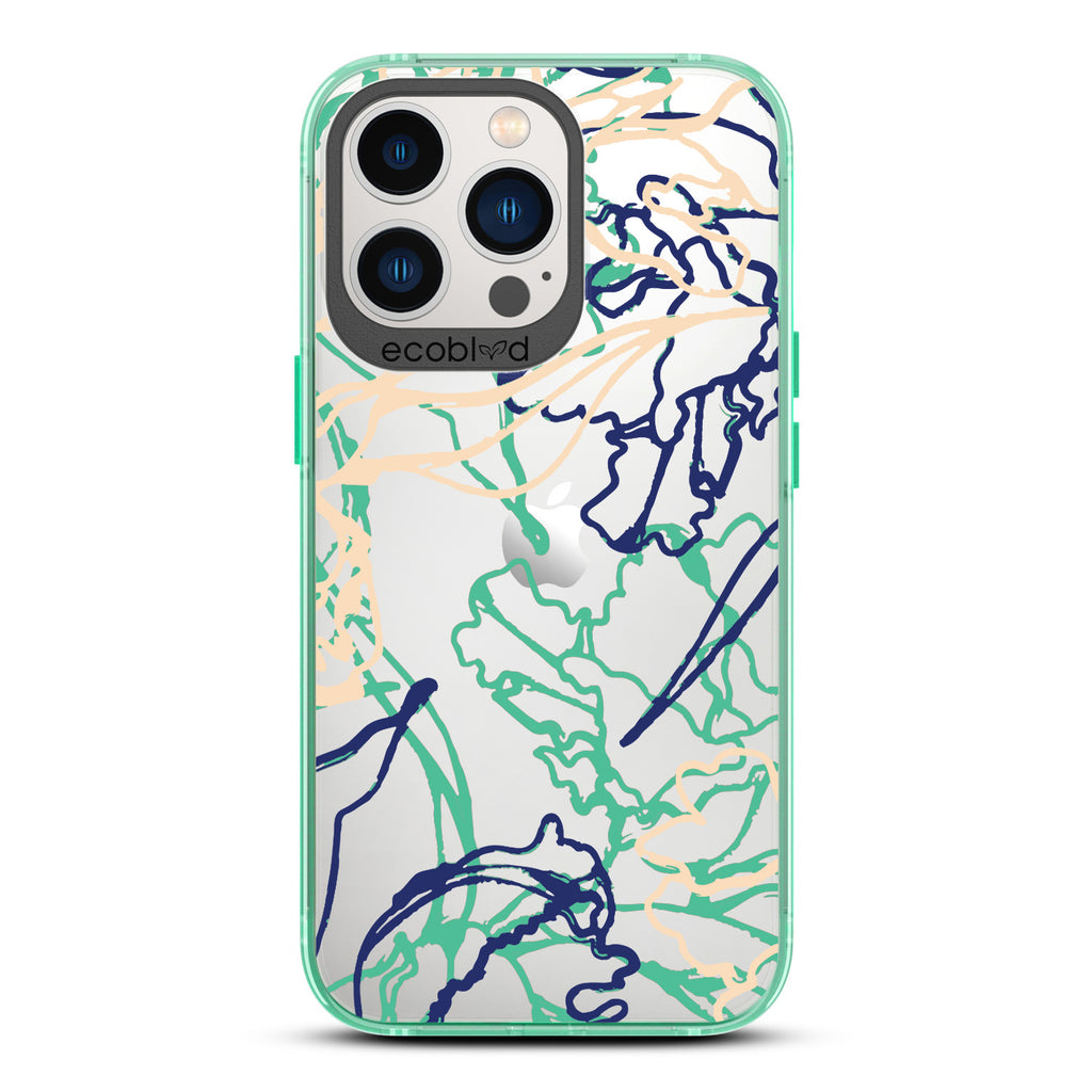 Contemporary Collection - Green Compostable iPhone 12/13 Pro Max Case - Minimalist Abstract Lines & Squiggles On Clear Back
