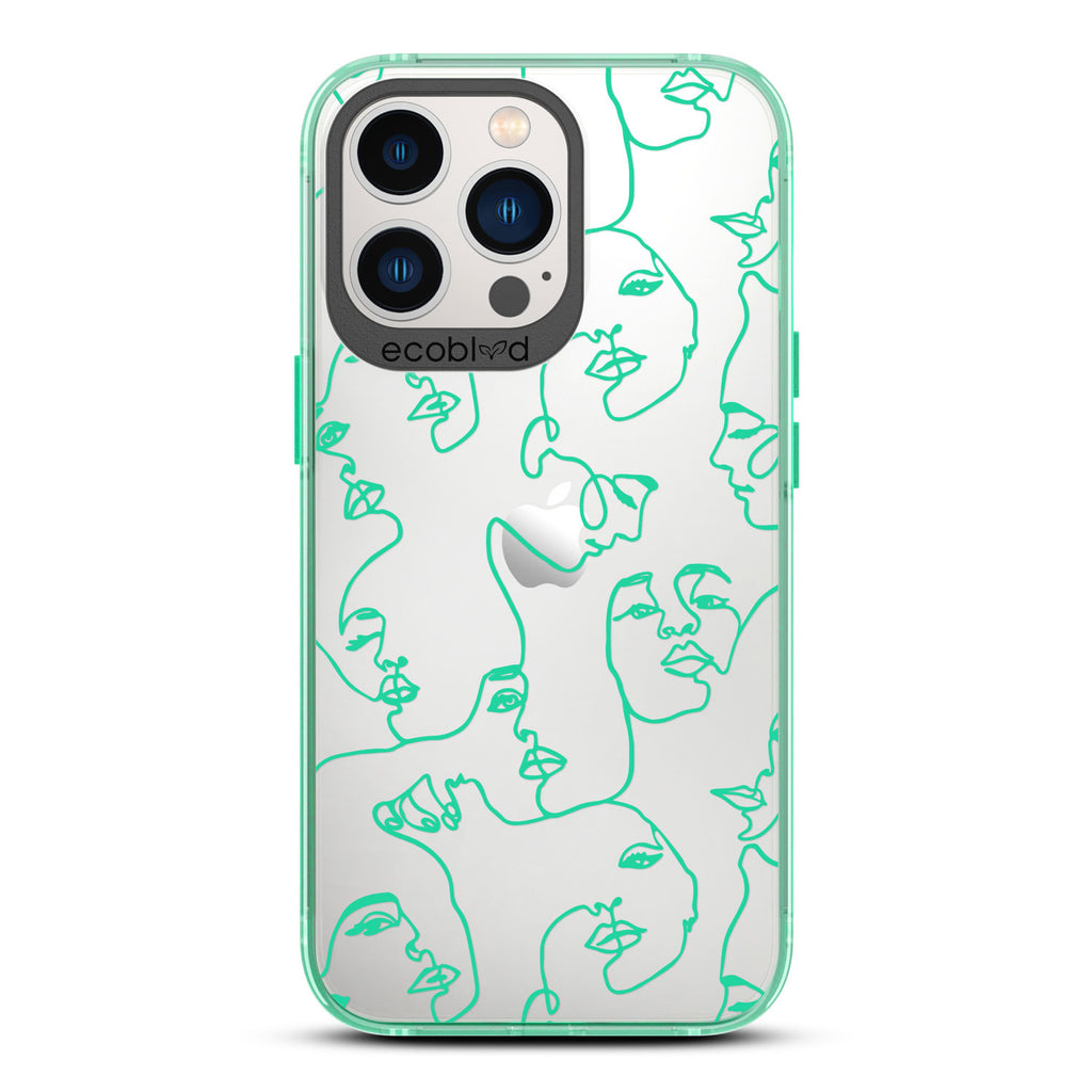 Contemporary Collection - Green Compostable iPhone 13 Pro Case - Line Art Of A Woman’s Face On A Clear Back