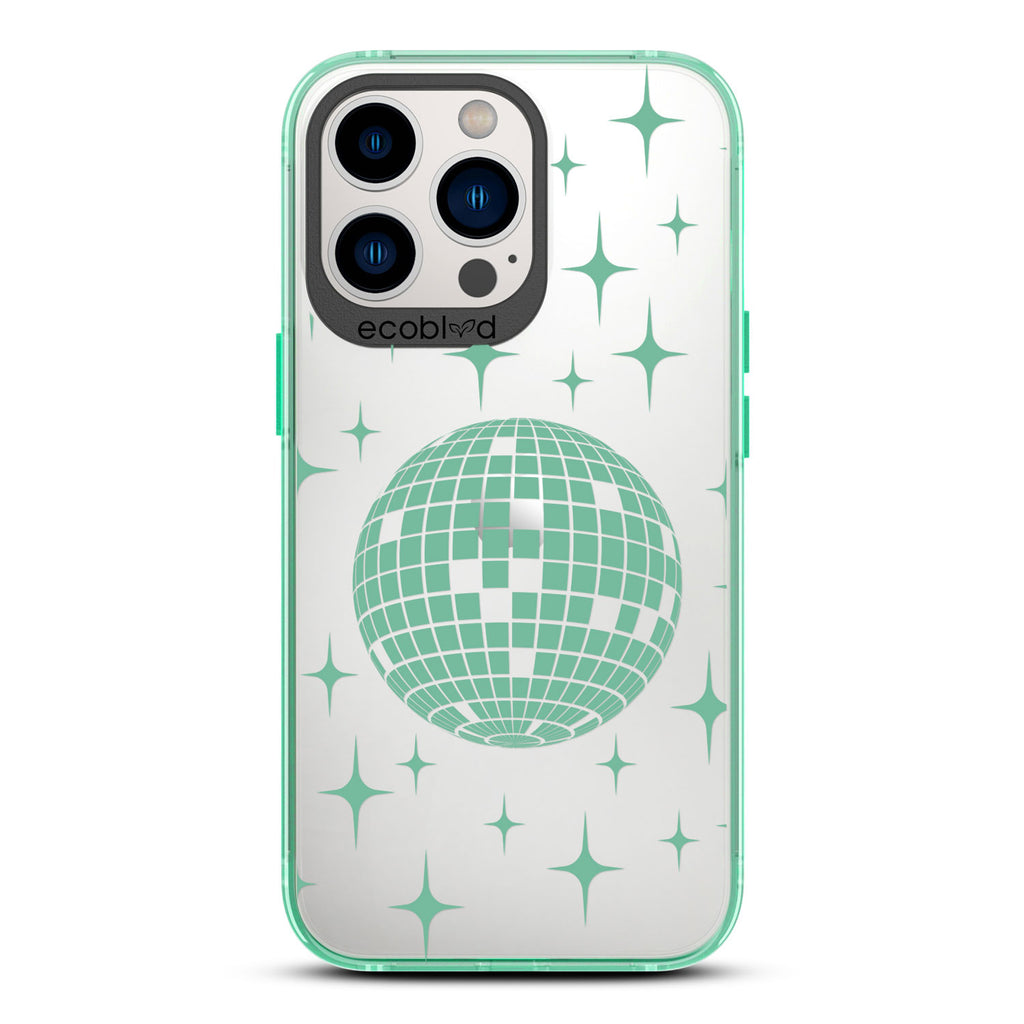 Winter Collection - Green Eco-Friendly iPhone 13 Pro Case - A Mirror Ball Shines With Stars On A Clear Back