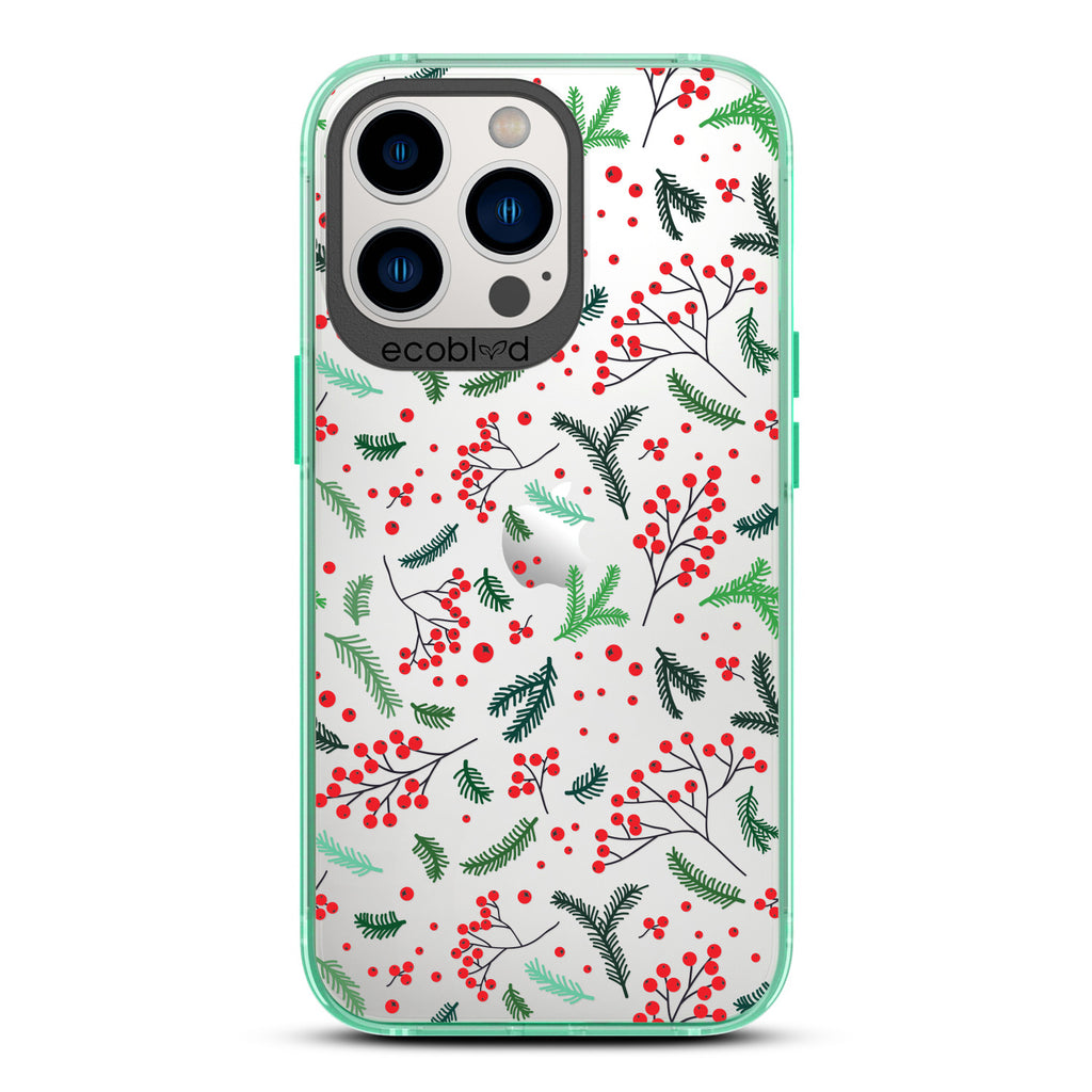 Back View Of Compostable Green Phone 12 & 13 Pro Max Winter Laguna Case With Under The Mistletoe Design & Front View Of Screen