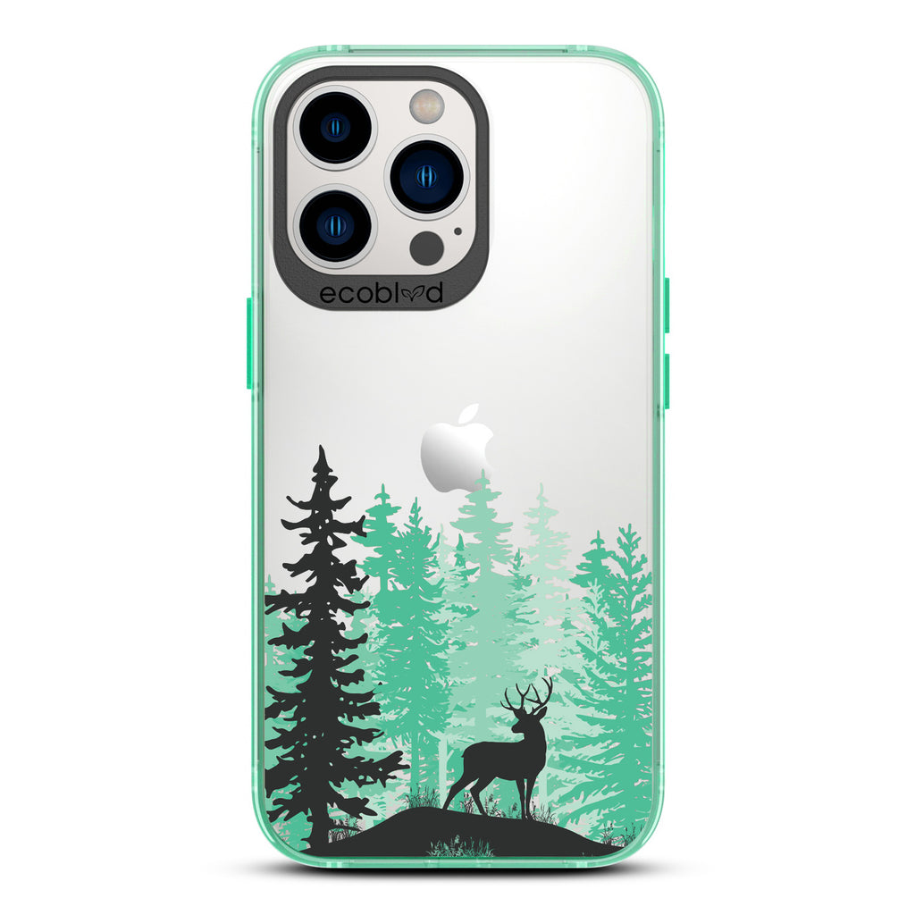 Winter Collection - Green Compostable iPhone 13 Pro Case - Wild Stag Standing On Boulder In The Woods On Clear Back