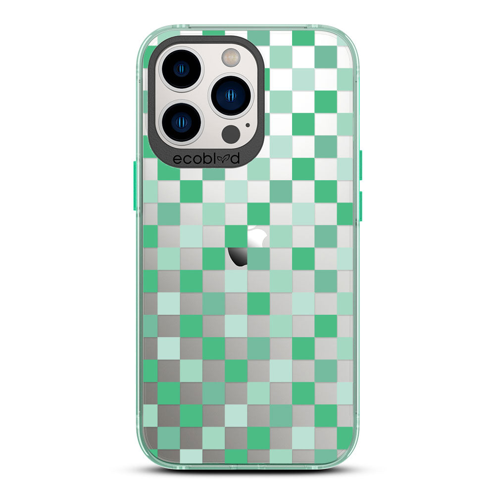 Laguna Collection - Green Eco-Friendly iPhone 13 Pro Max / 12 Pro Max Case With A Checkered Print Pattern On A Clear Back