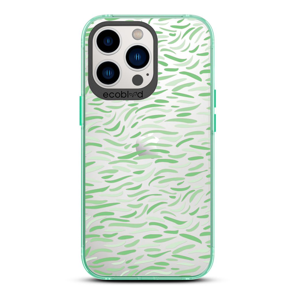 Timeless Collection - Green Laguna Compostable iPhone 13 Pro Case With Abstract Paint Brush Strokes On A Clear Back