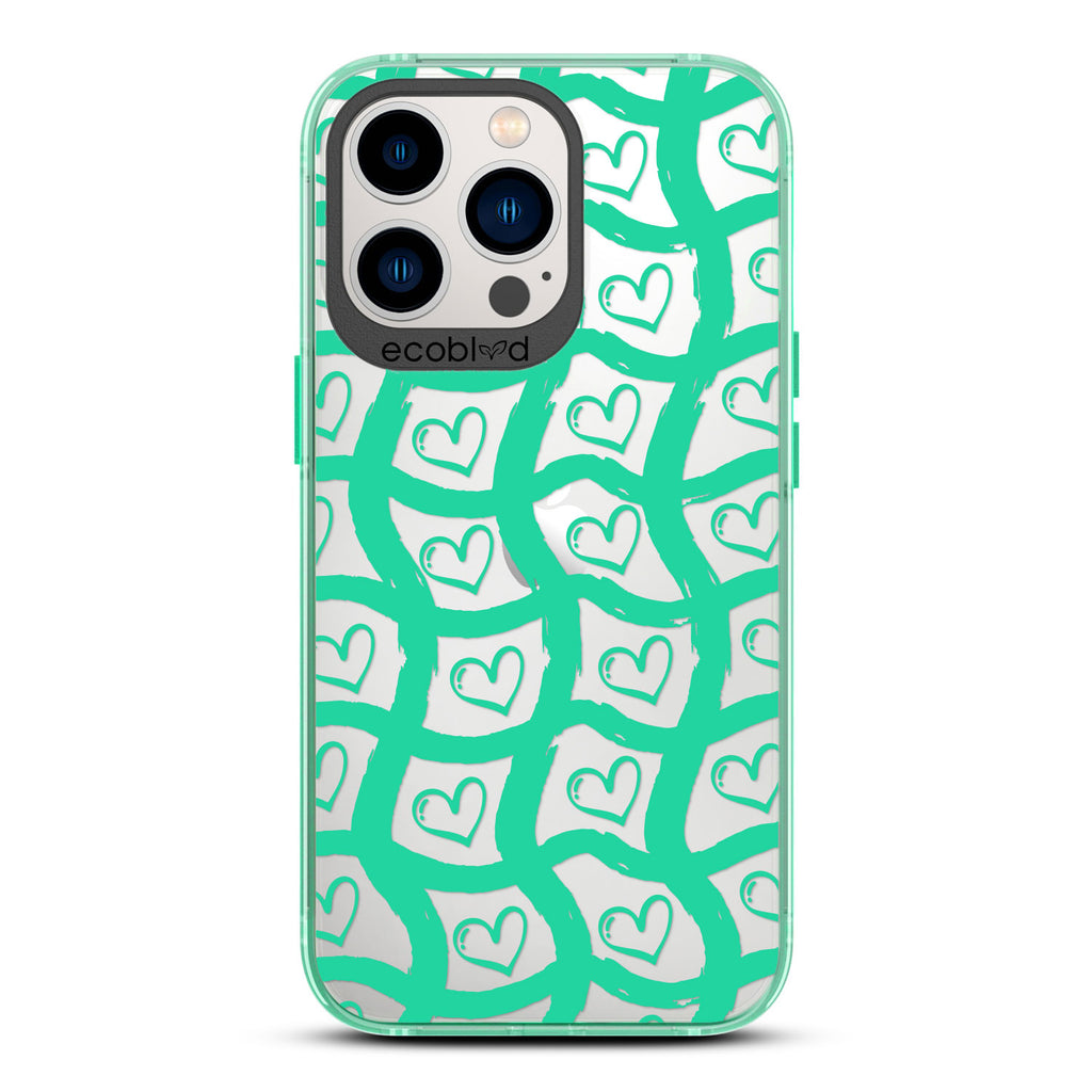 Love Collection - Green Compostable iPhone 13 Pro Case - Wavy Paint Stroke Checker Print With Hearts On A Clear Back