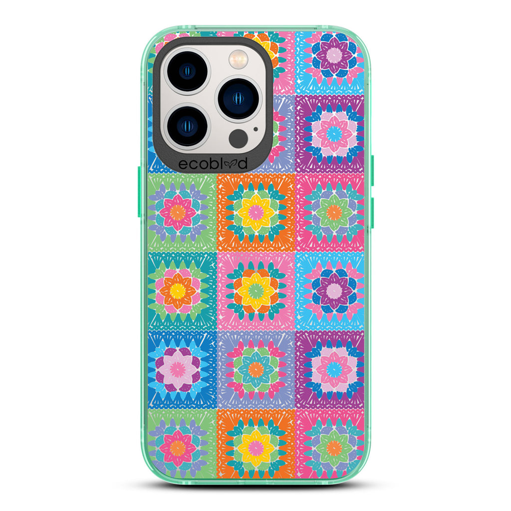 All Squared Away - Pastel Vintage Granny Squares Crochet - Eco-Friendly Clear iPhone 13 Pro Case With Green Rim 