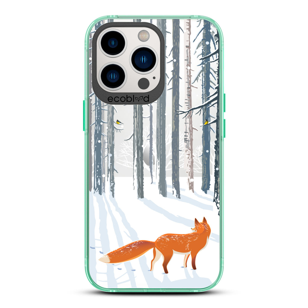 Winter Collection - Green Eco-Friendly iPhone 13 Pro Case - Orange Fox Trails Pawprints In Snowy Woods On A Clear Back
