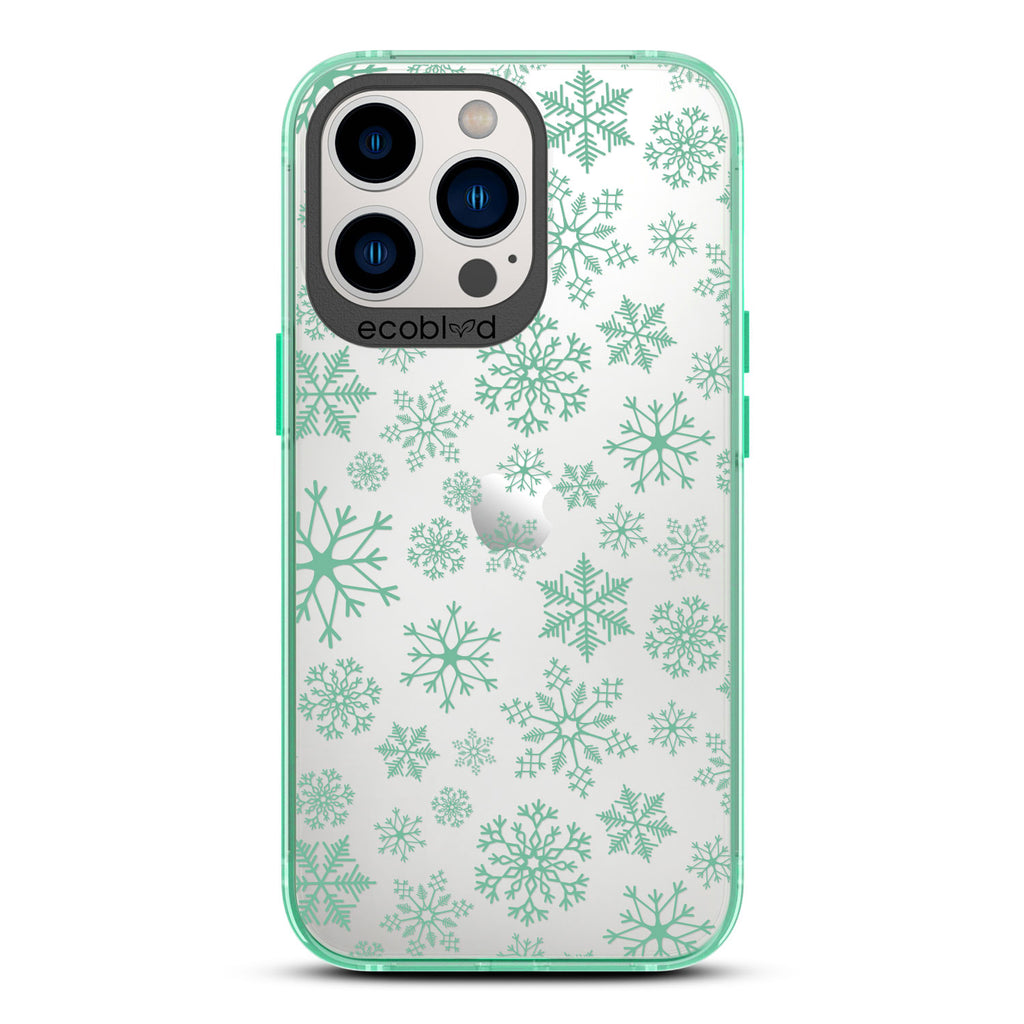 Winter Collection - Green Eco-Friendly Laguna iPhone 13 Pro Case With A Snowflake Pattern On A Clear Back