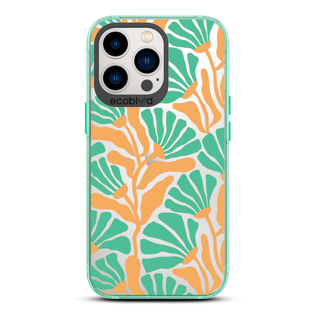 Spring Collection - Green Compostable iPhone 13 Pro Case - Tropical Flowers With Tan Base & Green Petals On A Clear Back