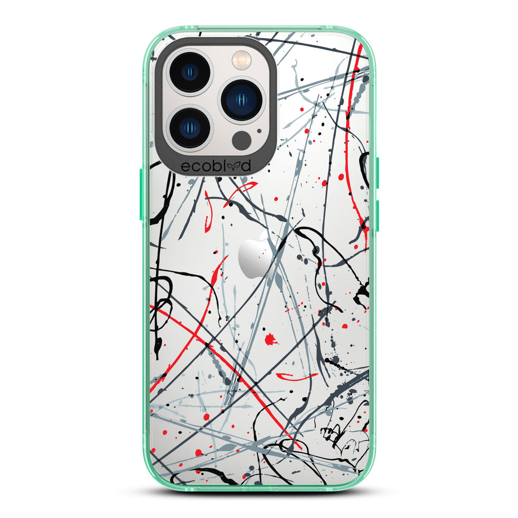 Contemporary Collection - Green Compostable iPhone 13 Pro Case - Black & Red Paint Splatter On A Clear Back