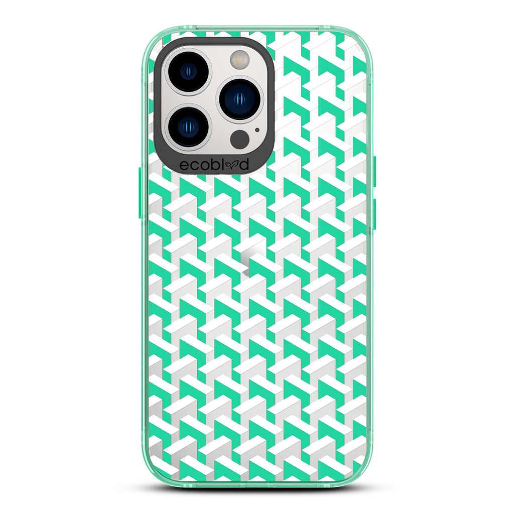 Timeless Collection - Green Laguna Eco-Friendly iPhone 13 Pro Case With High-Fashion Inspired Chevron Print On A Clear Back