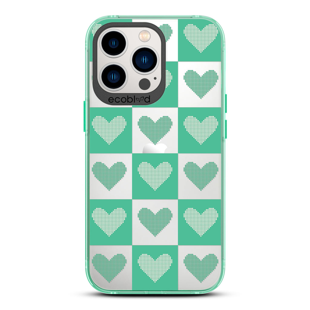 Love Collection - Green Compostable iPhone 13 Pro Case - Blue Checkered Print With Knitted Hearts On A Clear Back