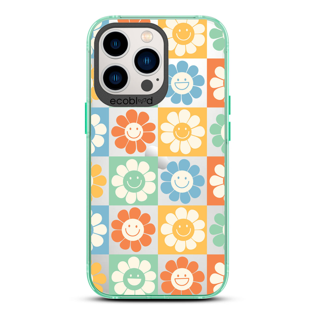 Spring Collection - Green Compostable iPhone 13 Pro Case - 70's Gingham Cartoon Flowers W/ Smiley Faces On A Clear Back