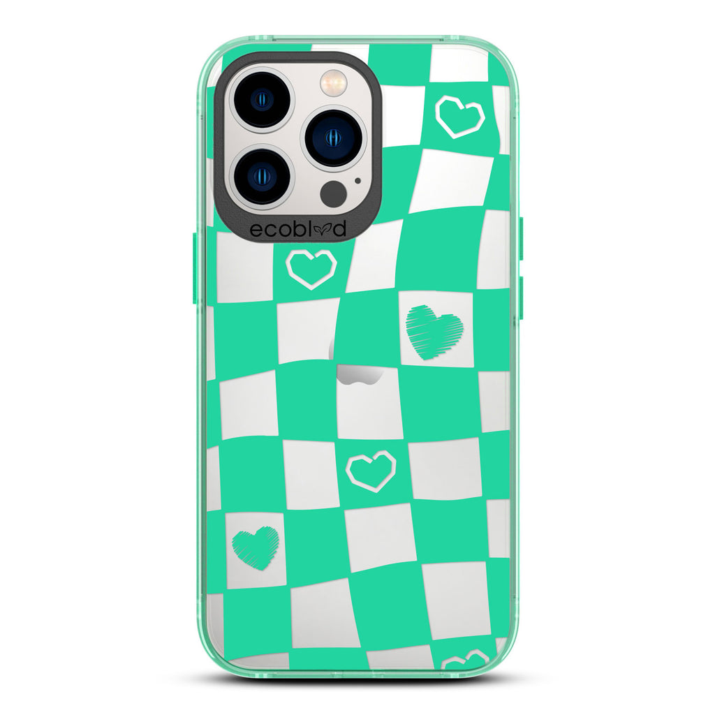 Love Collection - Green Compostable iPhone 13 Pro Case - Wavy Checkered Print & Scribbled Hearts On A Clear Back