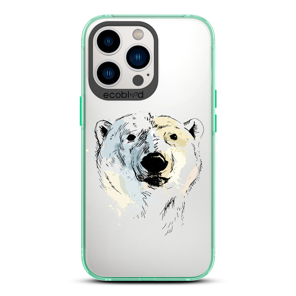 Winter Collection - Green Compostable iPhone 13 Pro Case - Illustrated Polar Bear Face On Clear Back