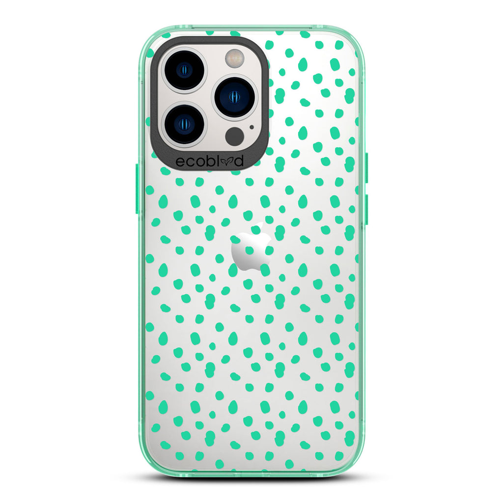 Timeless Collection - Green Laguna Compostable iPhone 13 Pro Case With A Polka Dot Pattern On A Clear Back