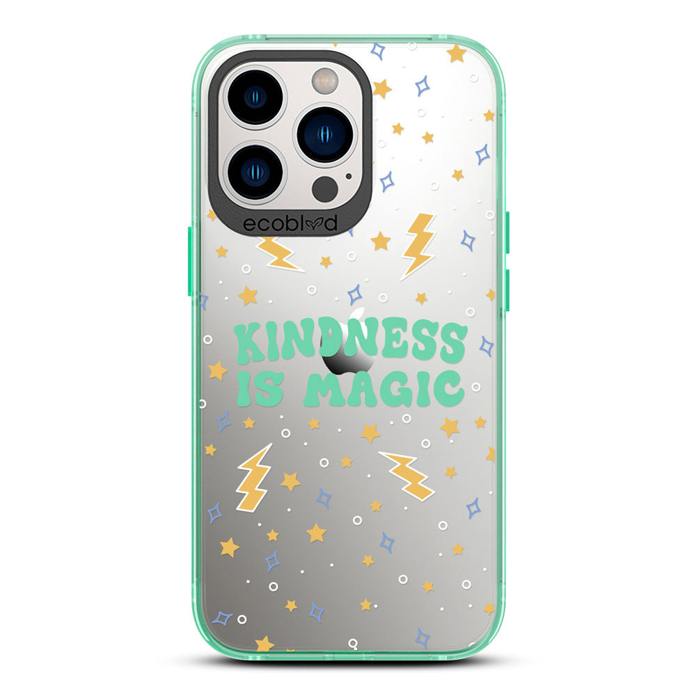Laguna Collection - Green Compostable iPhone 13 Pro Case With Kindness Is Magic, Lightning Bolts & Stars On Clear Back